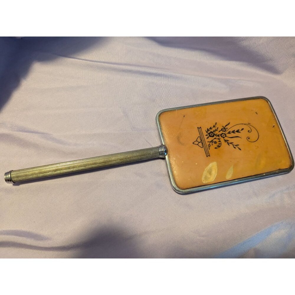 Vintage Hand Held Vanity Mirror With Floral Design Back